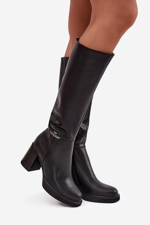 Kozaki Muszkieterki Damskie Z Naturalnej Skóry Na Słupku Ocieplane Vinceza 66826 Czarne