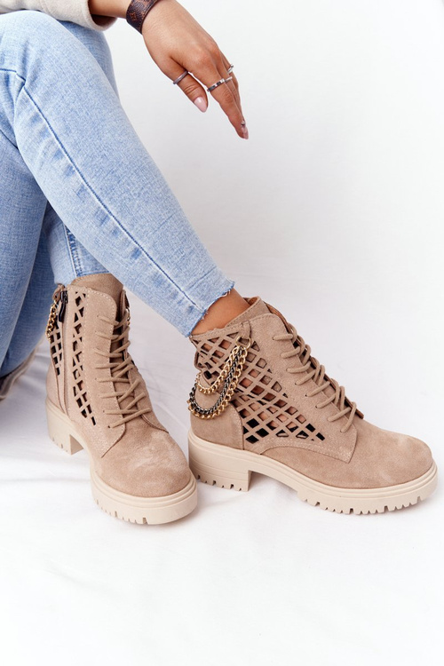 Ażurowe Botki Workery Lewski Shoes 3030-0 Piaskowe