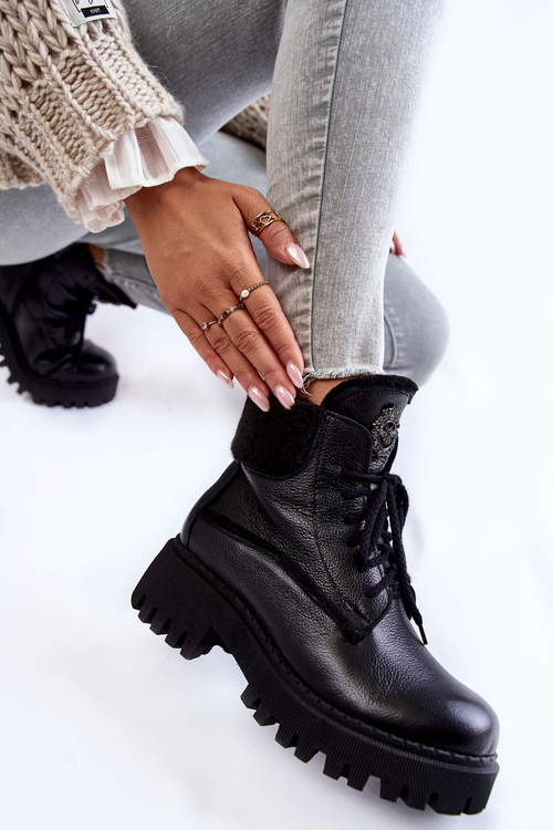 Damskie Skórzane Trapery Botki Czarne Lemar Vergo