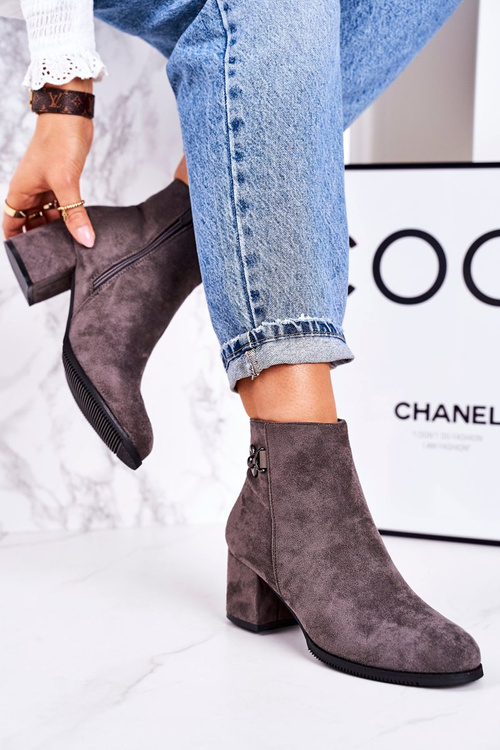 Klasyczne Damskie Ocieplane Botki Na Słupku Szare Success