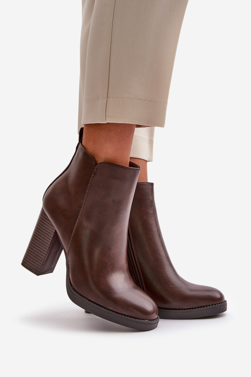 Ocieplane Botki Damskie Na Słupku Eko Skórzane Ciemnobrązowe Teresine