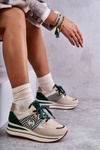 Modne Buty Sportowe Damskie Na Koturnie Beżowo-Zielone Aronne