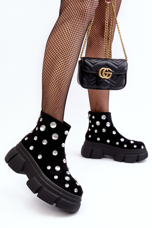 Zamszowe Ocieplane Botki Z Kryształkami D&A MR52-205 Czarne