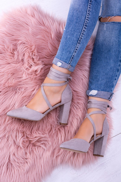 Damskie Czółenka Na Słupku Wiązane Szare Demmi