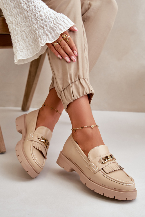 Eko Skórzane Mokasyny Damskie Ze Złotą Ozdobą Beżowe Zanita