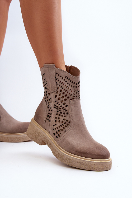 Zazoo 3470 Zamszowe Botki Damskie Na Płaskim Obcasie Ażurowe Cappuccino