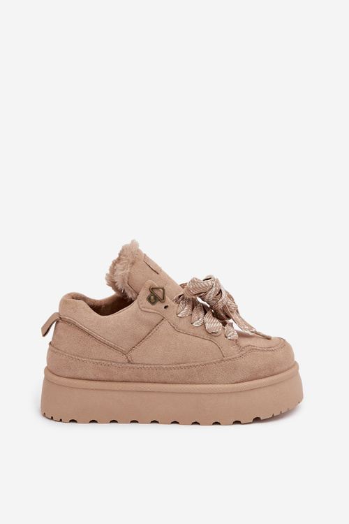 Sznurowane Śniegowce Damskie Na Platformie Ocieplane Futerkiem Beżowe Tavelle
