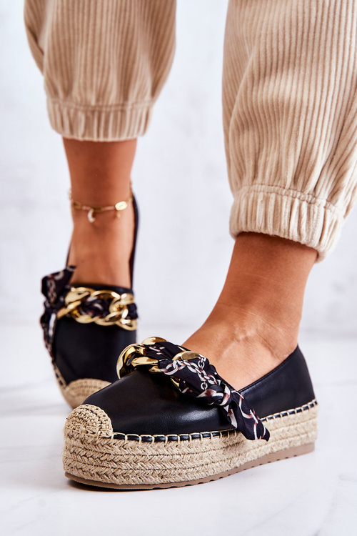 Skórzane Damskie Espadryle Z Łańcuchem Czarne Fancy
