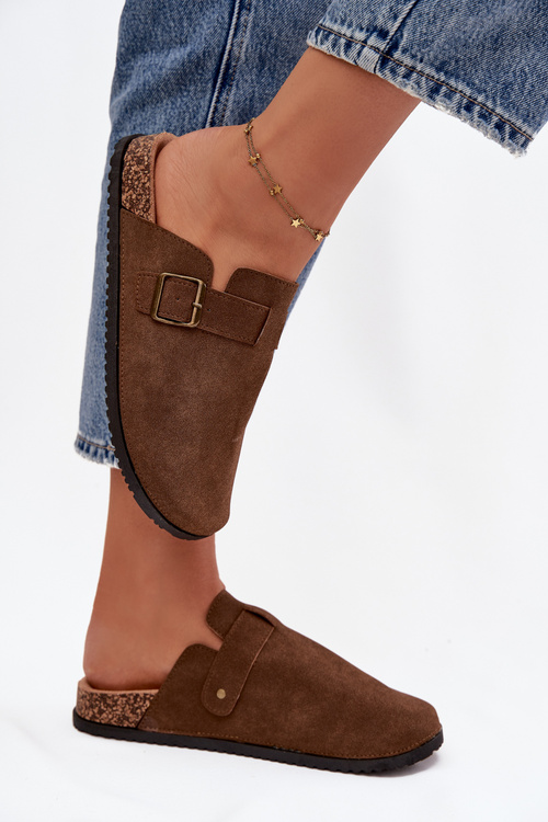 Klapki Chodaki Damskie i Na Platformie Z Klamrą Brązowe Selio