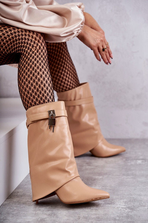 Skórzane Wsuwane Kozaki Na Szpilce Beżowe Steffi