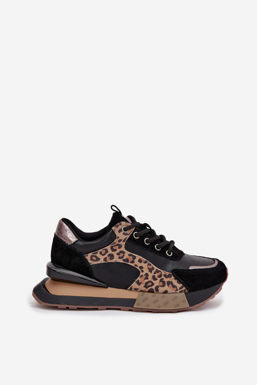 Skórzane Sneakersy Damskie Na Platformie Panterka Artiker 55C0134 Czarne