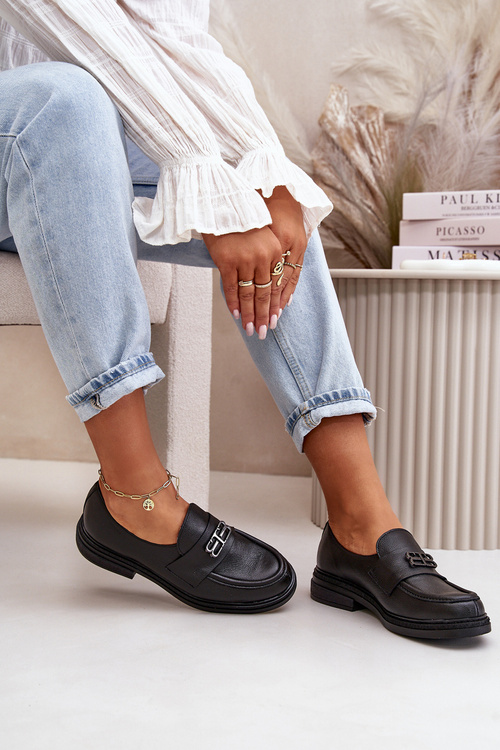 Zazoo 20174 Skórzane Eleganckie Półbuty Damskie Na Płaskim Obcasie Czarne