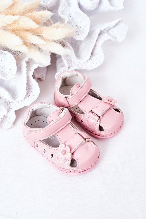 Dziecięce Skórzane Sandałki Na Rzepy Różowe Flowers