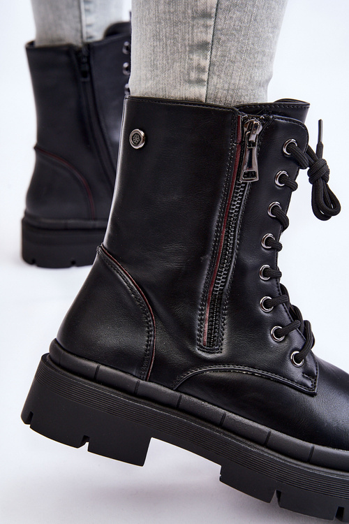 Damskie Skórzane Sznurowane Botki Trapery Czarne Shanna