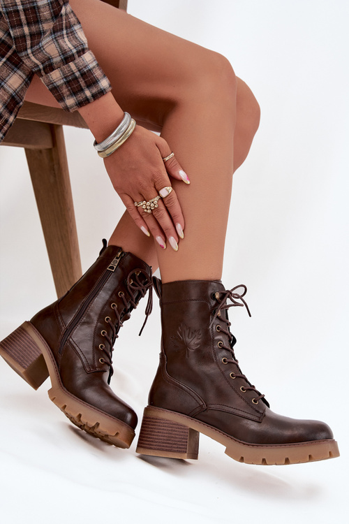 Botki Workery Damskie Na Klocku Ocieplane Vinceza 89136 Brązowe