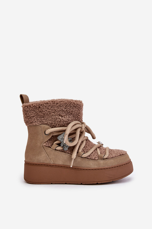 Śniegowce Damskie Z Przypinkami I Futerkiem Typu Baranek Brązowe Almatiza