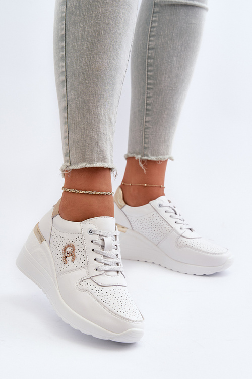 Damskie Skórzane Sneakersy Na Koturnie Białe D&A LR810