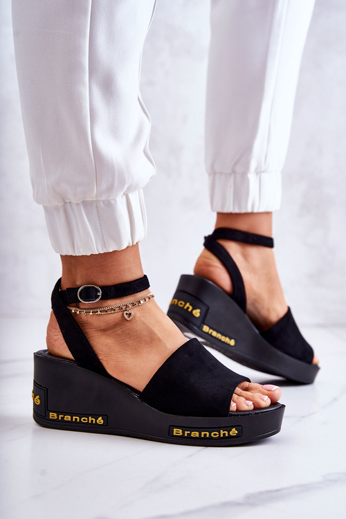 Damskie Zamszowe Sandały Na Koturnie Czarne Cortena