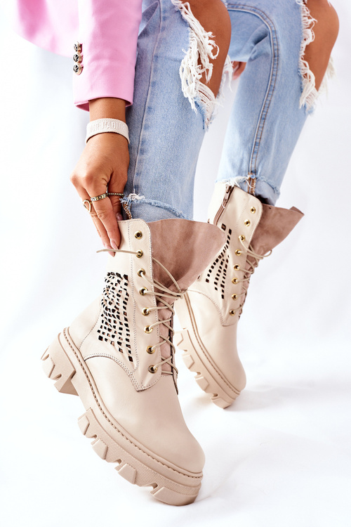 Damskie Skórzane Ażurowe Botki Trapery Beżowe Small Hootie