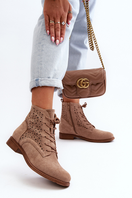 S.Barski HY66-136 Damskie Botki Ze Wzorem Beżowe