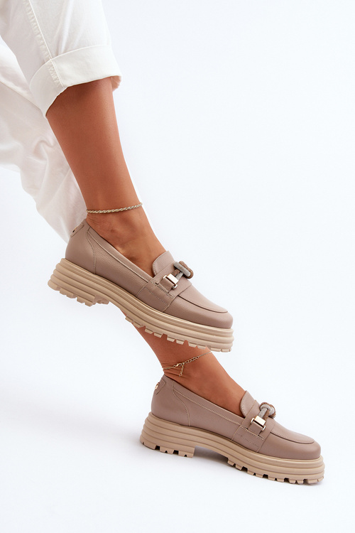 Skórzane Mokasyny Damskie Z Ozdobą Laura Messi 2780 Ciemnobeżowe