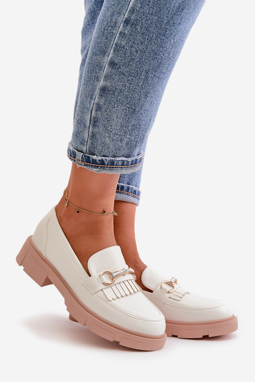 Mokasyny Damskie Z Ozdobą Eko Skórzane Białe Tialorae