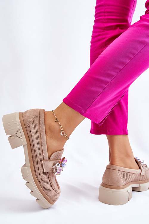 Damskie Półbuty Mokasyny Z Ozdobami Beżowe Issac