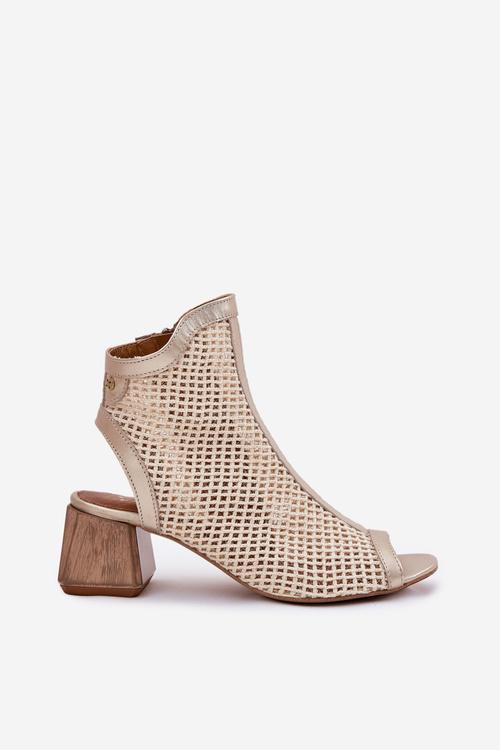 Skórzane Botki Damskie Na Obcasie Z Odkrytą Piętą Maciejka 06899-25 Złoto-Beżowe