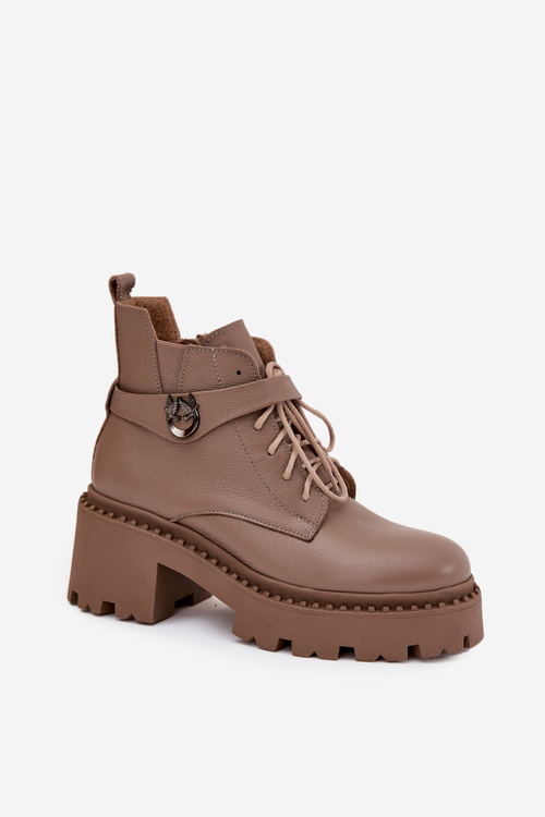 Skórzane Botki Damskie Na Klocku Z Ozdobnym Paskiem Ocieplane Zazoo 60557 Ciemnobeżowe