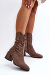 Zamszowe Botki Z Ażurową Cholewką Na Klocku Brązowe Irvelame