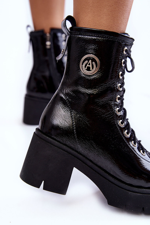 Modne Skórzane Ocieplane Botki Na Obcasie Czarne Illusion