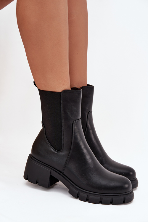 Botki Damskie Na Klocku Eko Skórzane Czarne Kyra