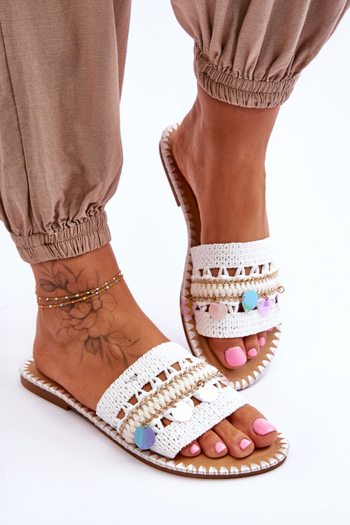 Damskie Plecione Zdobione Klapki Białe Millano