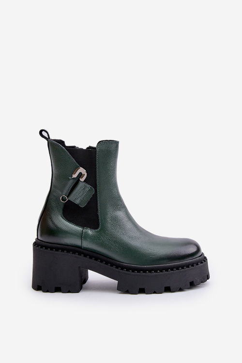 Zazoo 60490 Skórzane Ocieplane Botki Z Ozdobą Ciemnozielone