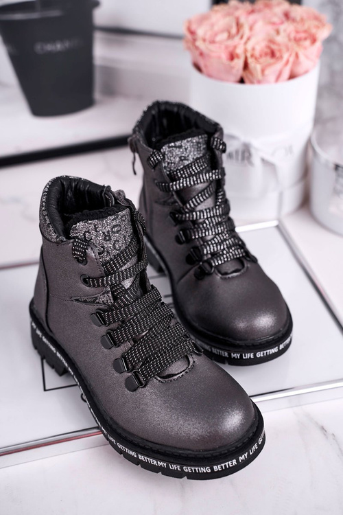 Dziecięce młodzieżowe botki z kożuszkiem szare Snowflake