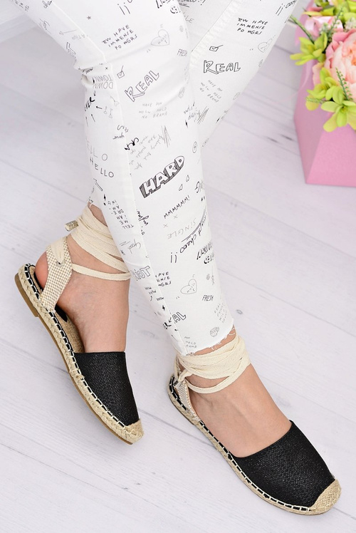 Damskie Lniane Balerinki Wiązane Czarne Espadryle Sea