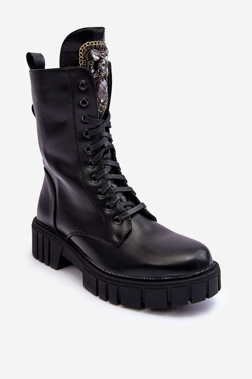 Skórzane Botki Workery Z Biżuteryjną Ozdobą Czarne Marx