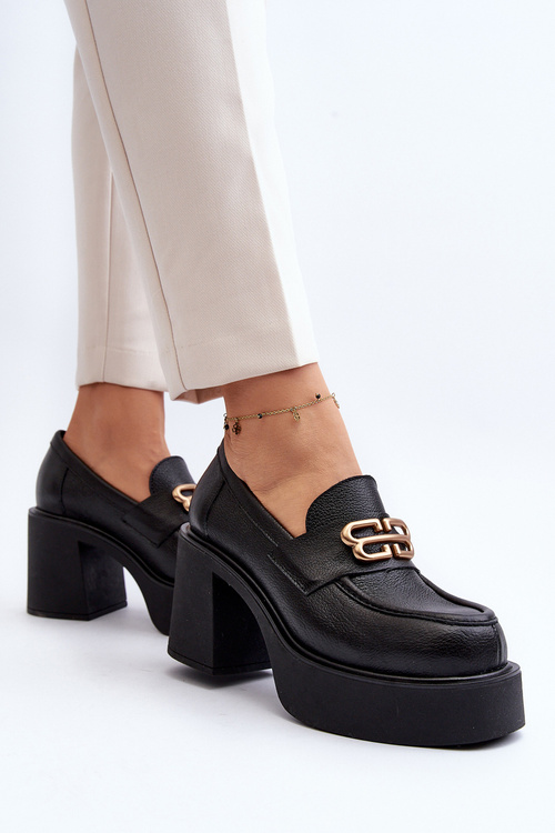 Zazoo 20170 Półbuty Skórzane Damskie Na Słupku Czarne