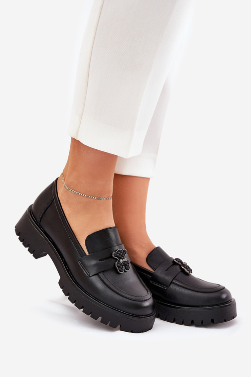 Skórzane Mokasyny Damskie Z Przypinką Miś Vinceza 18109 Czarne