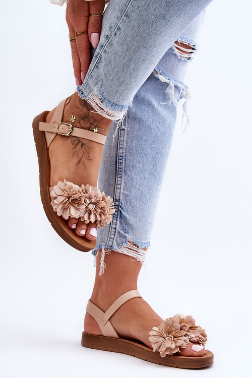 Damskie Sandały Z Materiałowymi Kwiatami Beżowe Fiori