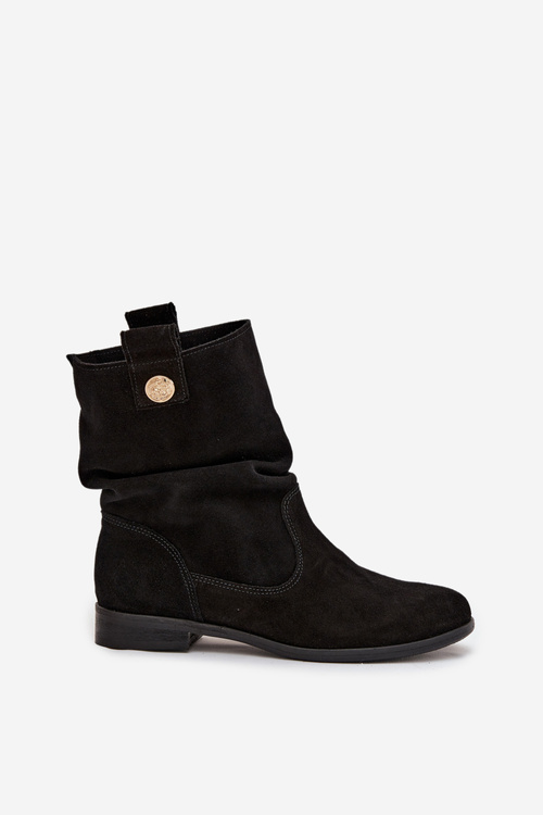 Skórzane Zamszowe Botki Damskie Z Marszczeniem Ocieplane Zazoo 4210 Czarne