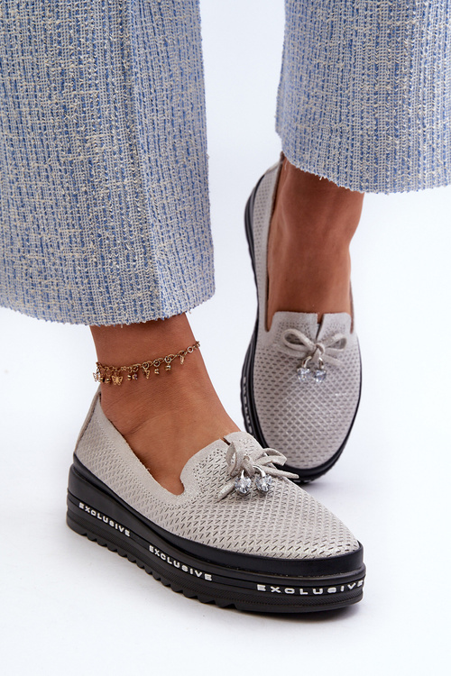 Błyszczące Mokasyny Damskie Skórzane Na Platformie S.Barski LR400 Srebrne