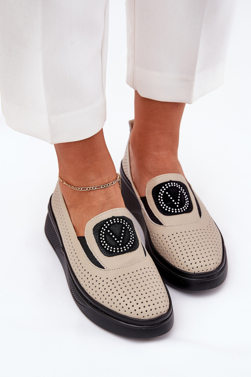 Mokasyny Damskie Skórzane Na Platformie I Koturnie Vinceza 79522 Beżowe