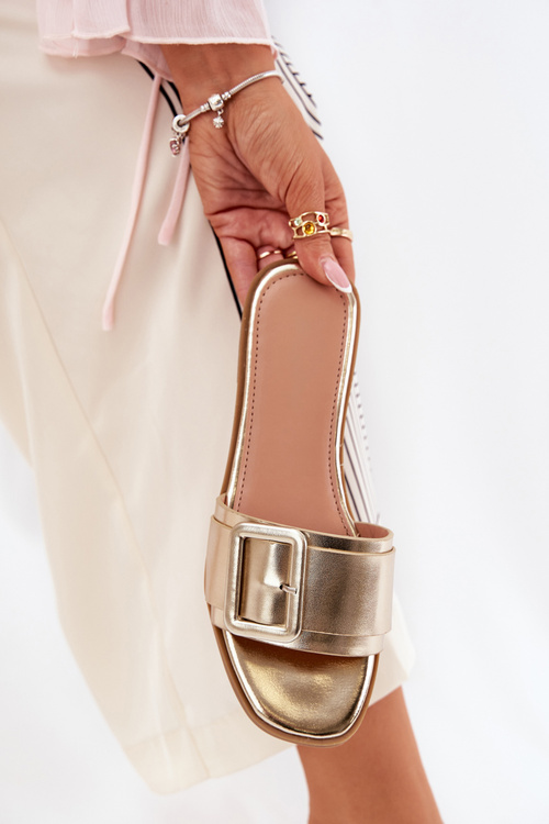 Płaskie Klapki Damskie Eko Skórzane Z Klamrą Złote Bamma