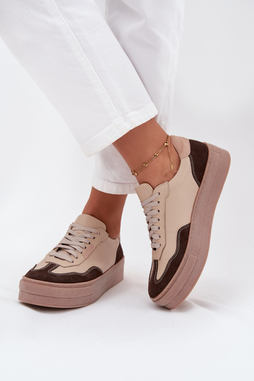 Skórzane Sneakersy Damskie Na Platformie Zazoo N1269S2 Beżowe