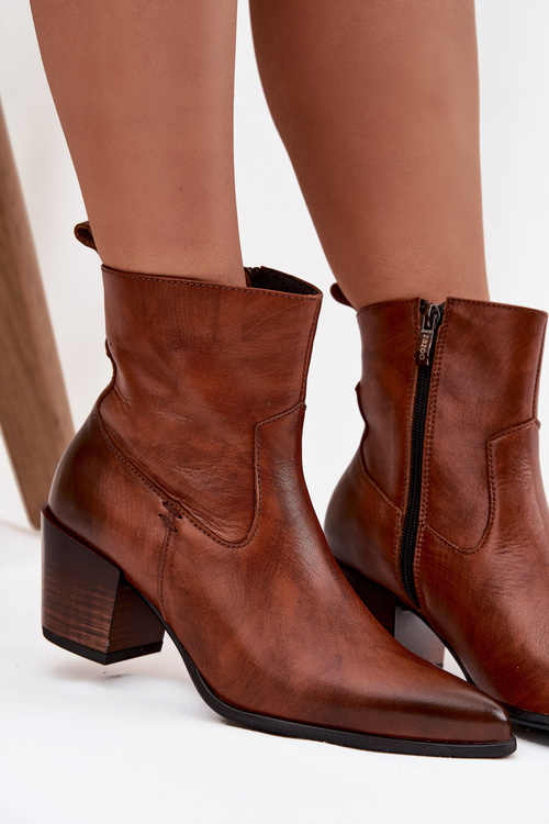 Skórzane Botki Kowbojki Damskie Na Słupku Ocieplane Zazoo 60565 Brązowe