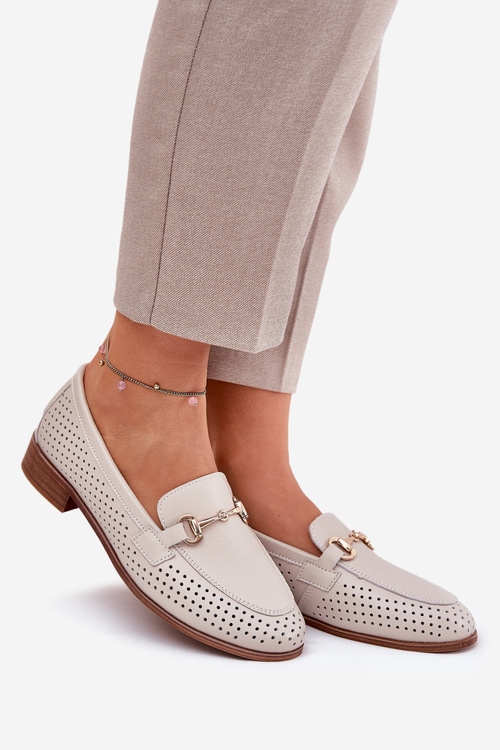 Skórzane Mokasyny Damskie Z Ozdobą Na Płaskim Obcasie S.Barski LR51-588 Beżowe