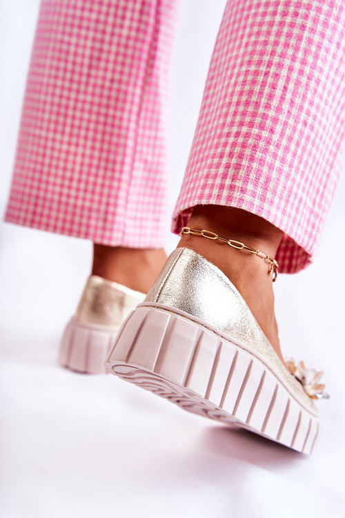 Skórzane Baleriny Na Platformie Z Ozdobą Złote Ladette