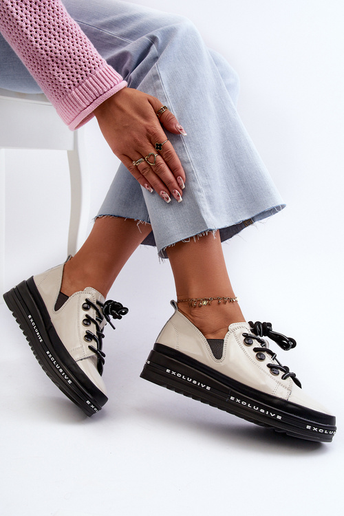 Sznurowane Półbuty Damskie Na Platformie Skóra Naturalna S.Barski LR620 Beżowe