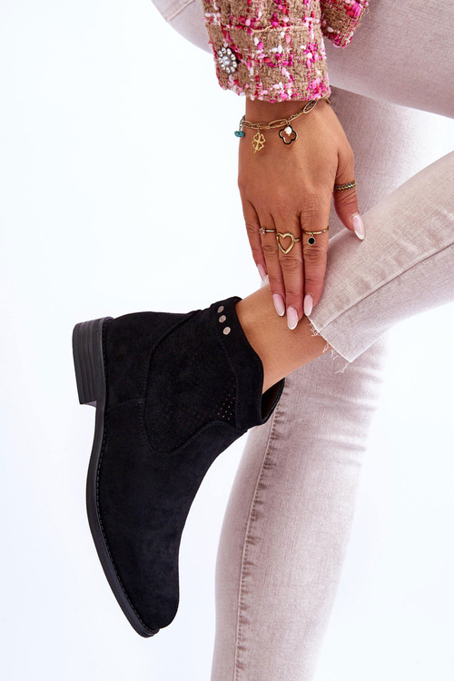 Damskie Zamszowe Botki Na Płaskim Obcasie Czarne Liana